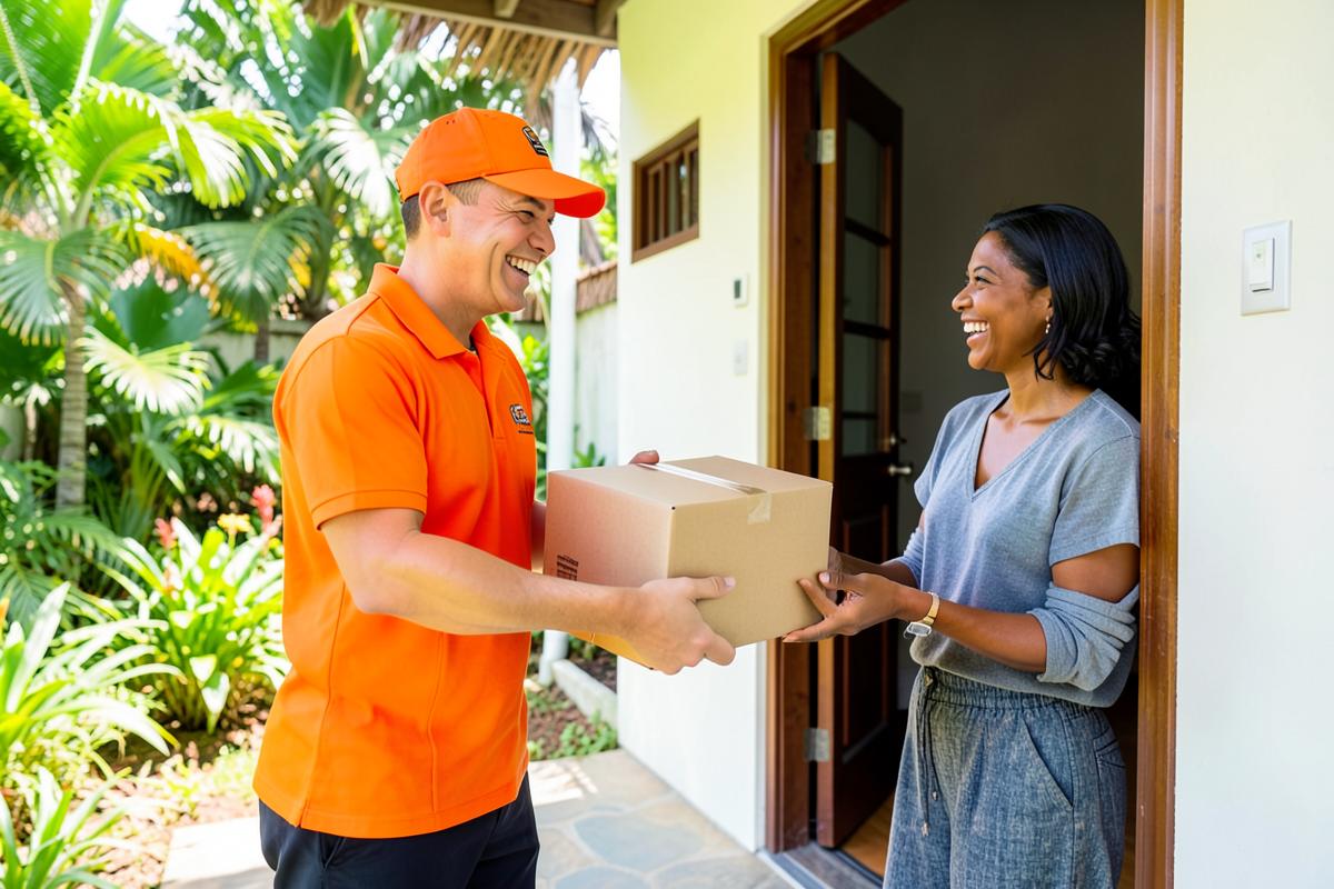 Courier handing a package to a customer in Jamaica